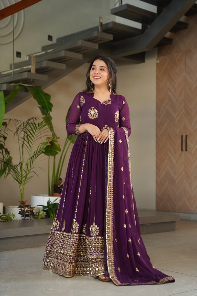 Purple Faux Blooming Luxury Designer Gown Set with Zari & Sequins Embroidery Dupatta Included ClothsVilla