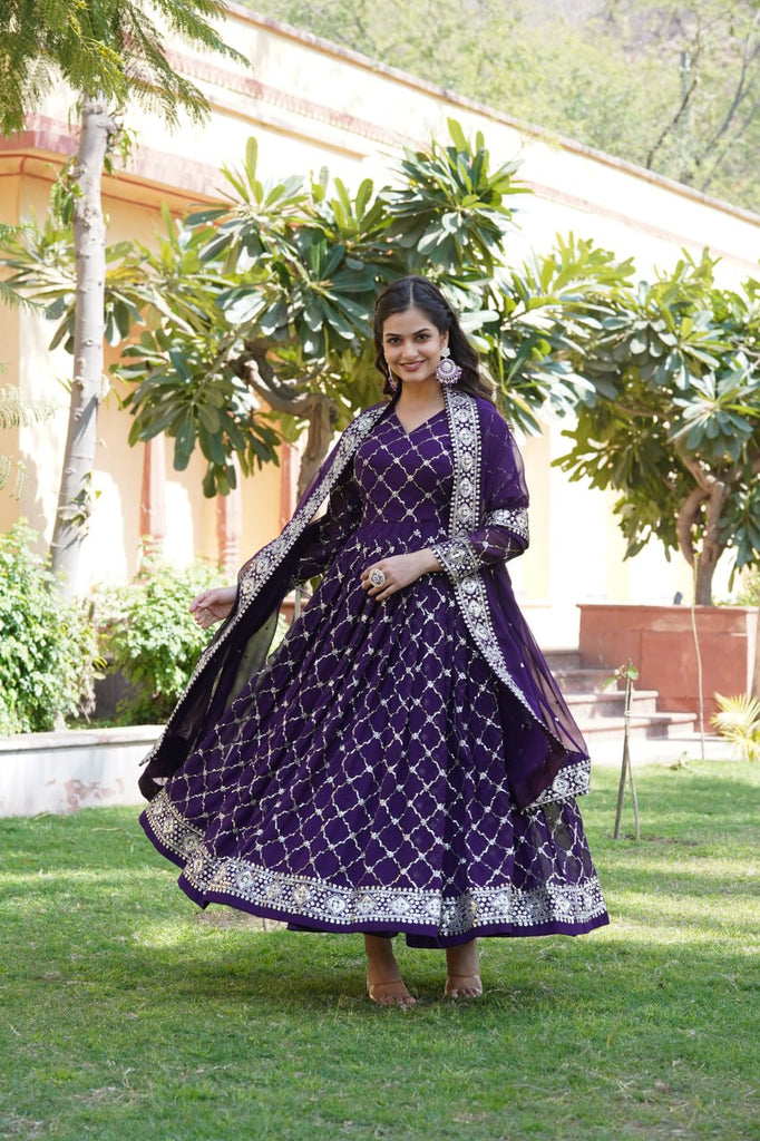 Purple Faux Blooming Sequin Embroidered Gown with Dupatta ClothsVilla