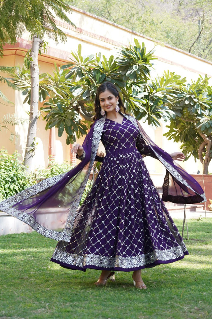 Purple Faux Blooming Sequin Embroidered Gown with Dupatta ClothsVilla