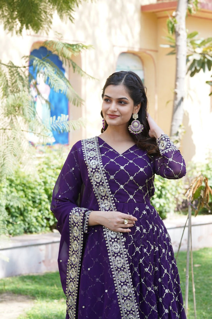 Purple Faux Blooming Sequin Embroidered Gown with Dupatta ClothsVilla