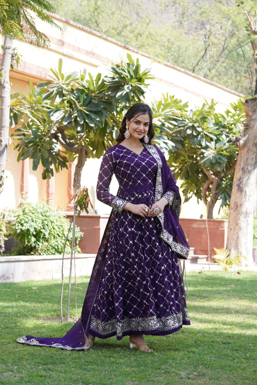 Purple Faux Blooming Sequin Embroidered Gown with Dupatta ClothsVilla