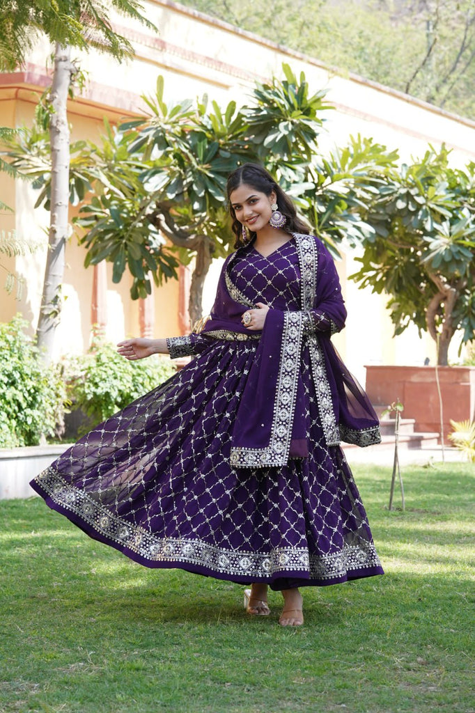 Purple Faux Blooming Sequin Embroidered Gown with Dupatta ClothsVilla