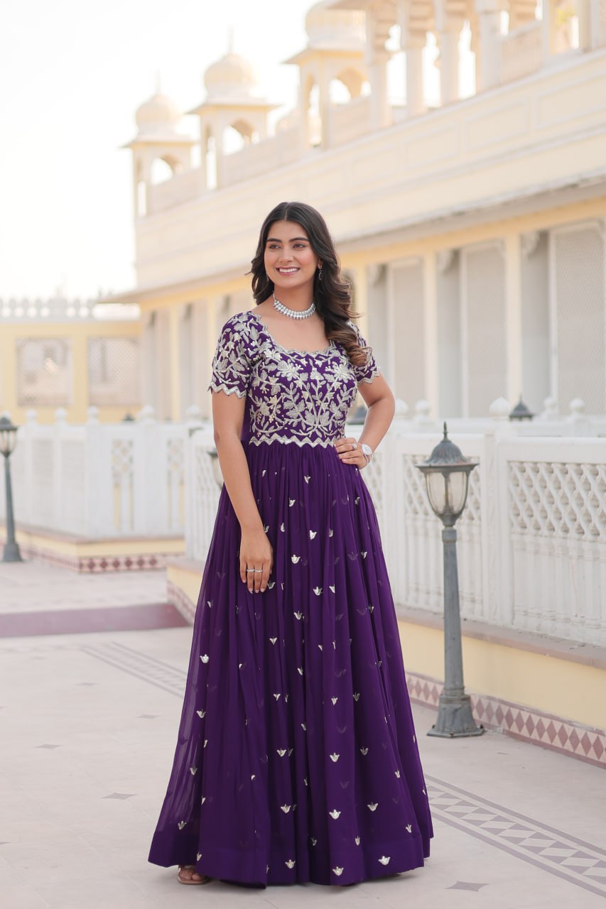 Purple Faux Blooming Sequin Ready to Wear Embroidered Gown ClothsVilla Main image
