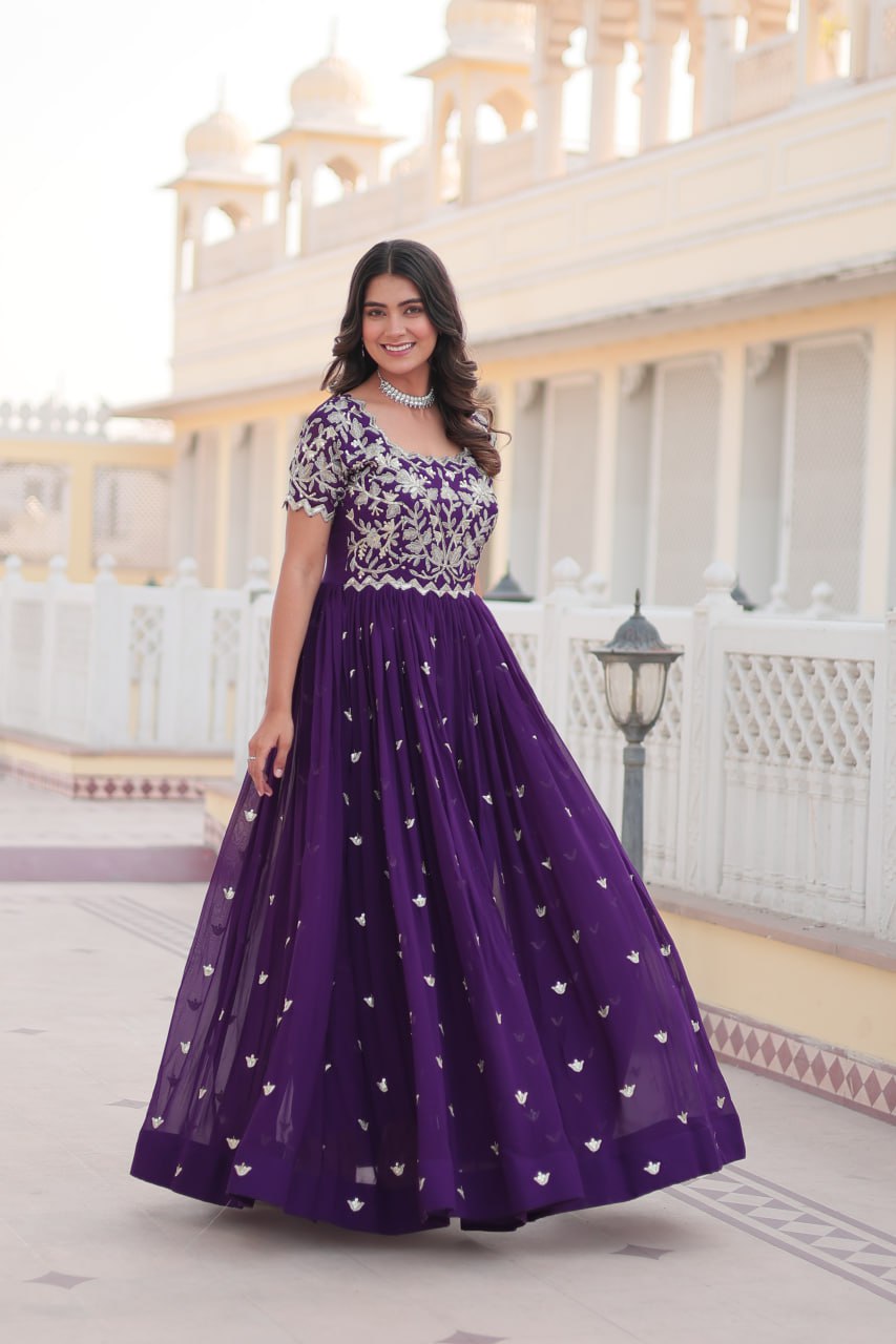Purple Faux Blooming Sequin Ready to Wear Embroidered Gown ClothsVilla
