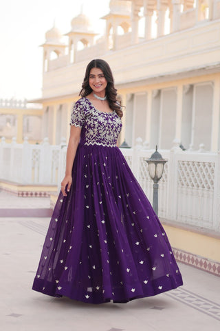 Purple Faux Blooming Sequin Ready to Wear Embroidered Gown ClothsVilla