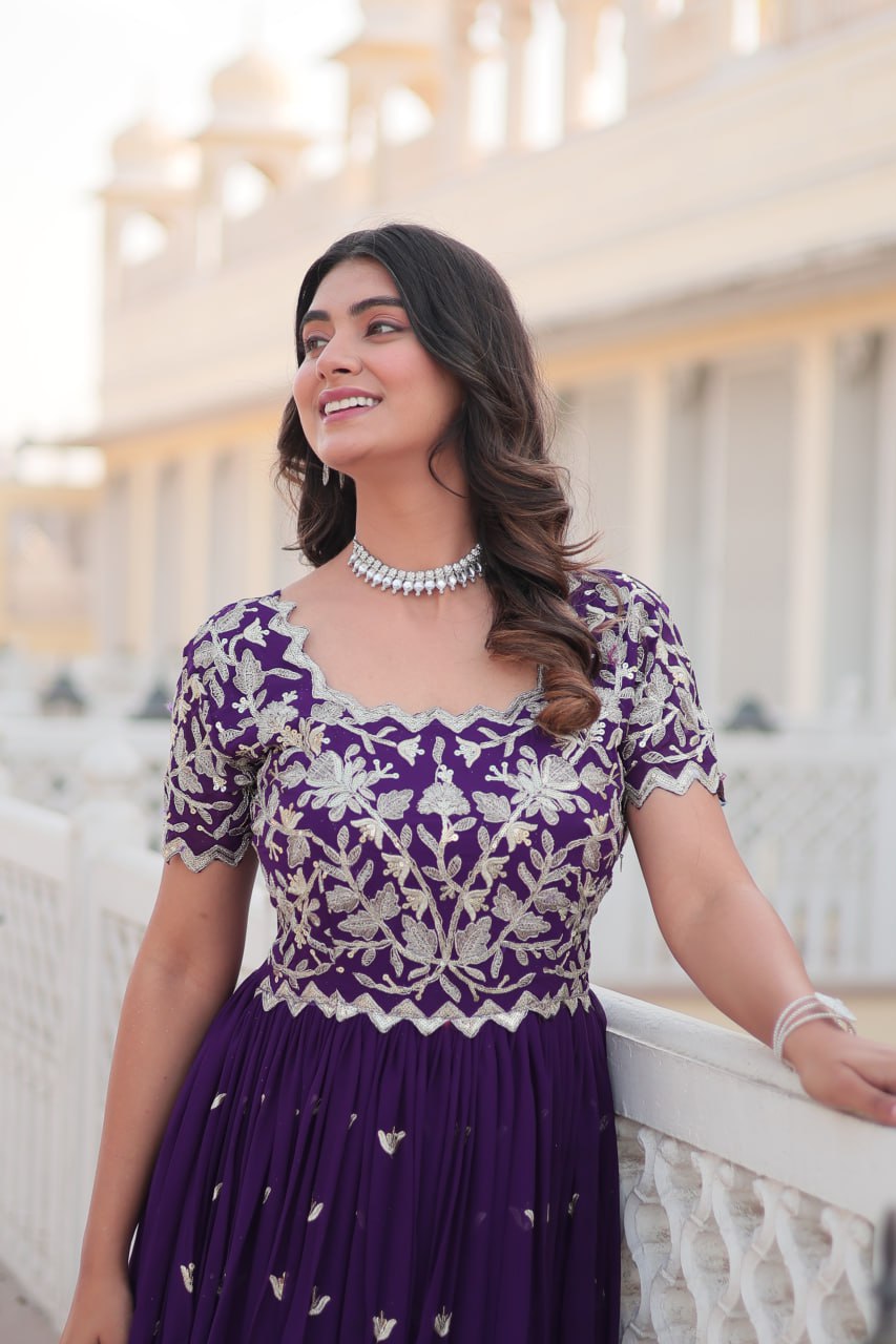 Purple Faux Blooming Sequin Ready to Wear Embroidered Gown ClothsVilla