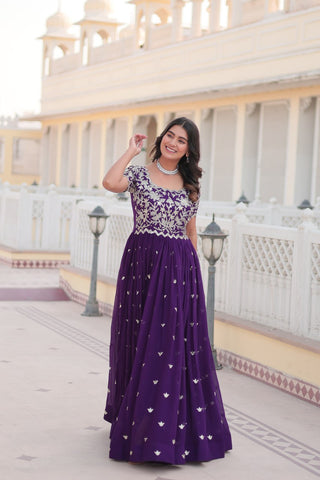 Purple Faux Blooming Sequin Ready to Wear Embroidered Gown ClothsVilla