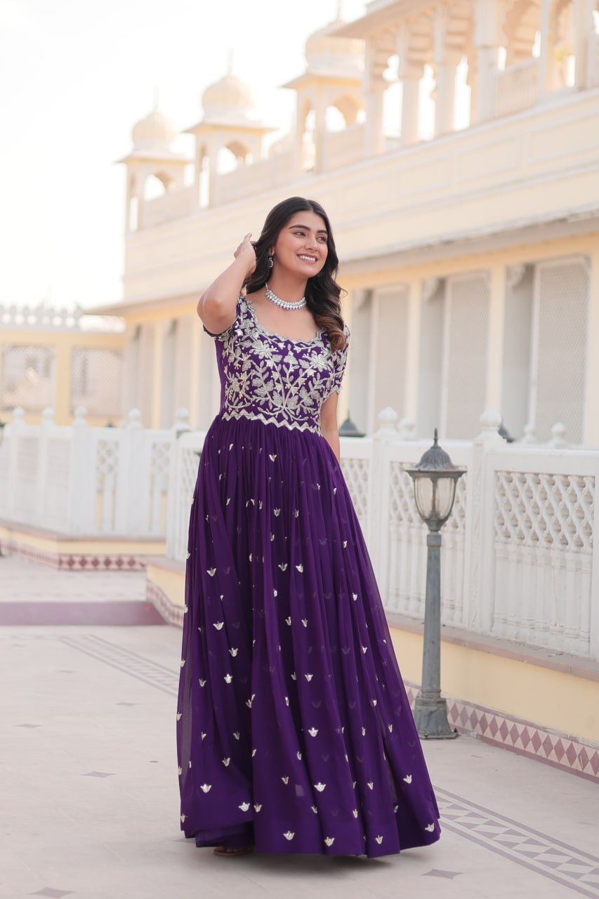 Purple Faux Blooming Sequin Ready to Wear Embroidered Gown ClothsVilla