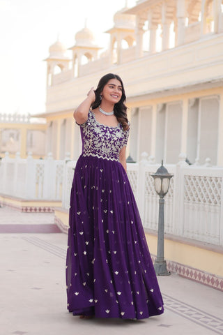 Purple Faux Blooming Sequin Ready to Wear Embroidered Gown ClothsVilla