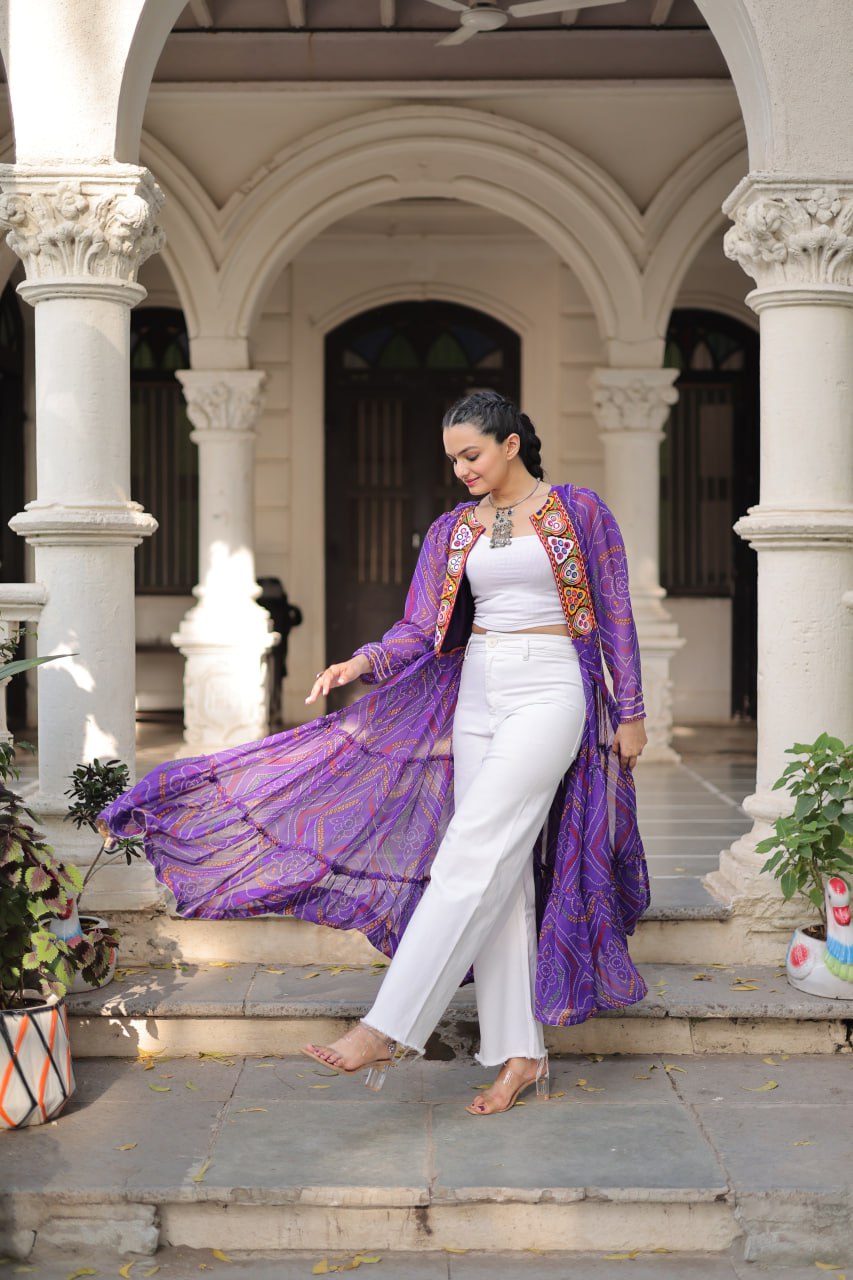 Purple Faux Georgette Bandhani Shrug with Kutchi Patchwork ClothsVilla