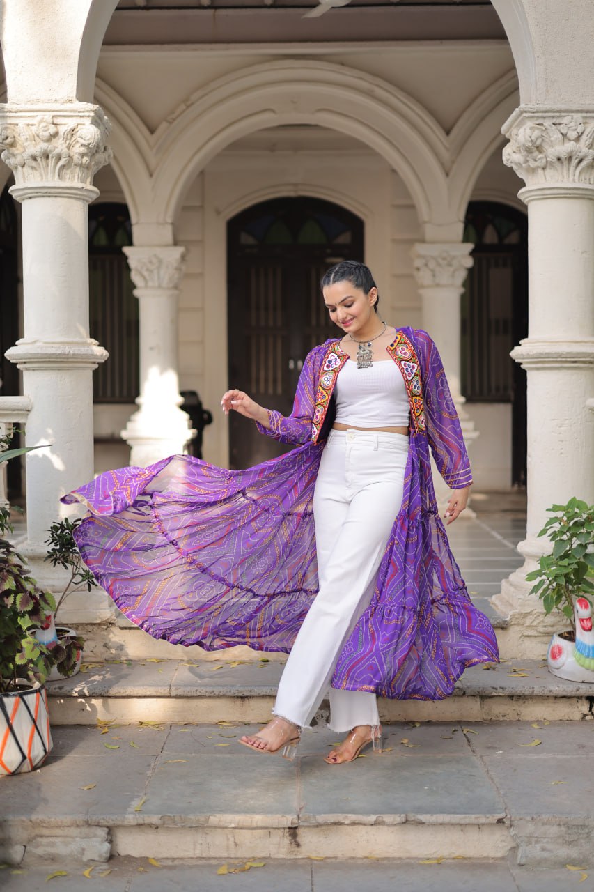 Purple Faux Georgette Bandhani Shrug with Kutchi Patchwork ClothsVilla