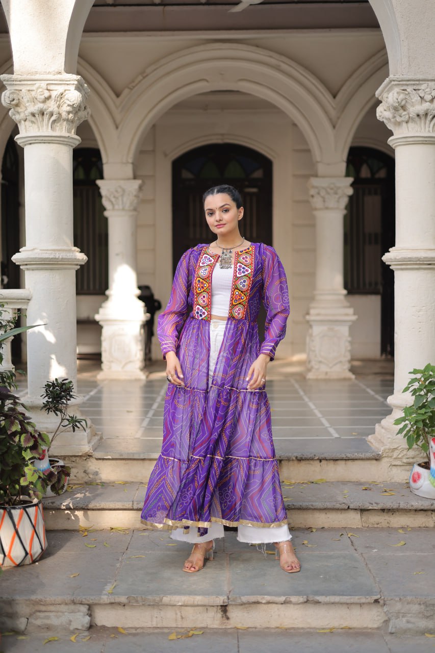 Purple Faux Georgette Bandhani Shrug with Kutchi Patchwork ClothsVilla