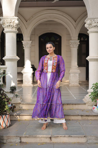 Purple Faux Georgette Bandhani Shrug with Kutchi Patchwork ClothsVilla