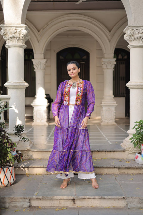 Purple Faux Georgette Bandhani Shrug with Kutchi Patchwork ClothsVilla Main image