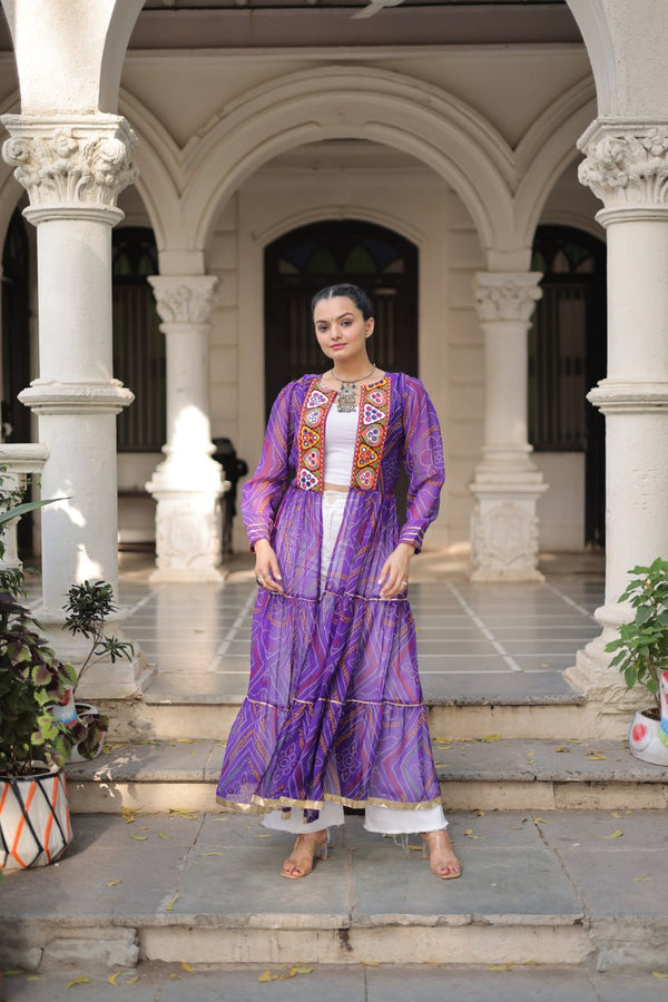 Purple Faux Georgette Bandhani Shrug with Kutchi Patchwork ClothsVilla