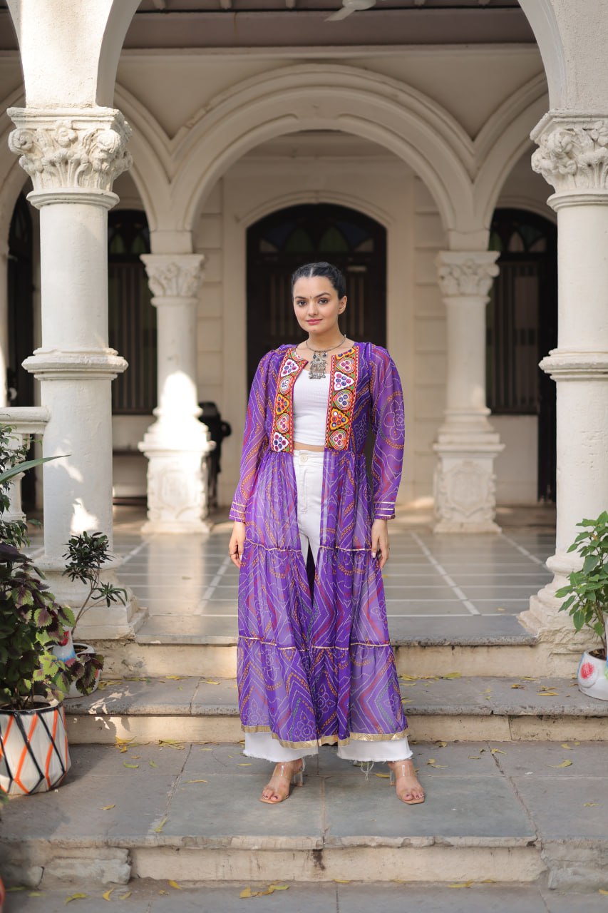 Purple Faux Georgette Bandhani Shrug with Kutchi Patchwork ClothsVilla