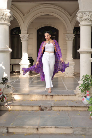Purple Faux Georgette Bandhani Shrug with Kutchi Patchwork ClothsVilla