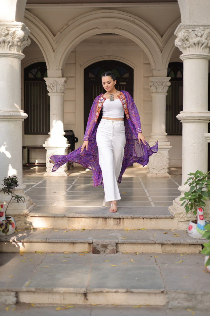 Purple Faux Georgette Bandhani Shrug with Kutchi Patchwork ClothsVilla