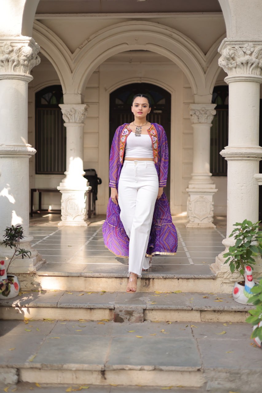 Purple Faux Georgette Bandhani Shrug with Kutchi Patchwork ClothsVilla