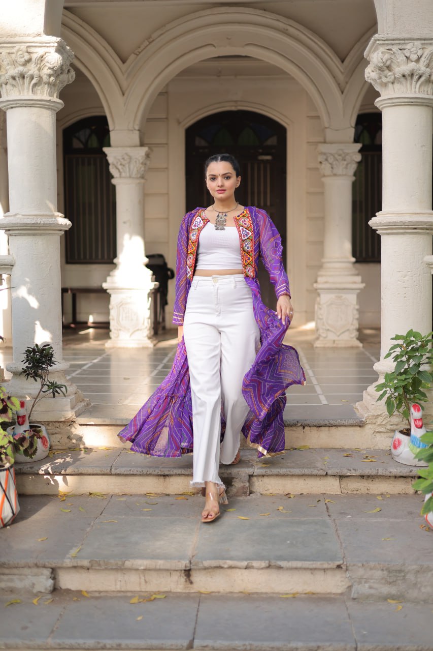 Purple Faux Georgette Bandhani Shrug with Kutchi Patchwork ClothsVilla