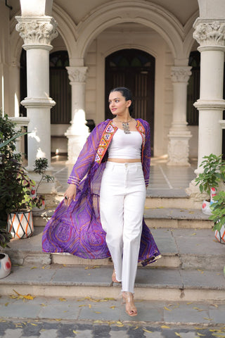 Purple Faux Georgette Bandhani Shrug with Kutchi Patchwork ClothsVilla