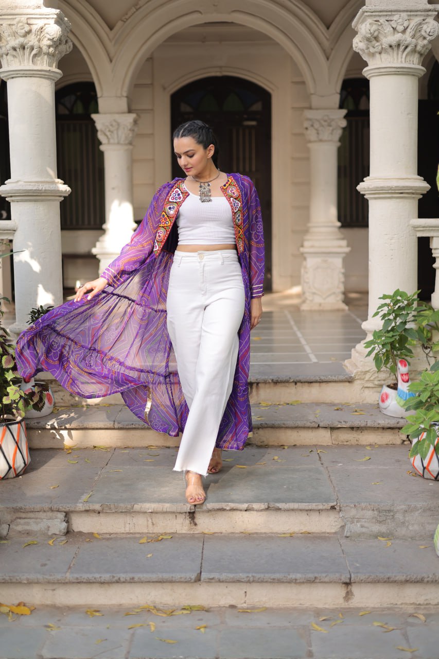 Purple Faux Georgette Bandhani Shrug with Kutchi Patchwork ClothsVilla