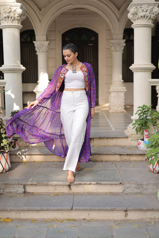Purple Faux Georgette Bandhani Shrug with Kutchi Patchwork ClothsVilla