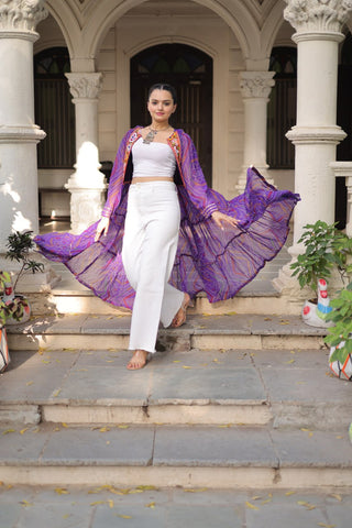 Purple Faux Georgette Bandhani Shrug with Kutchi Patchwork ClothsVilla