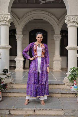 Purple Faux Georgette Bandhani Shrug with Kutchi Patchwork ClothsVilla