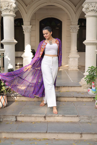 Purple Faux Georgette Bandhani Shrug with Kutchi Patchwork ClothsVilla