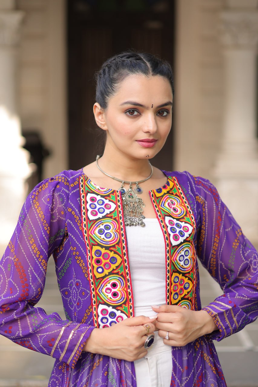 Purple Faux Georgette Bandhani Shrug with Kutchi Patchwork ClothsVilla
