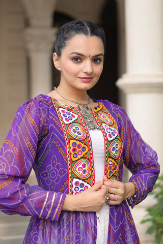 Purple Faux Georgette Bandhani Shrug with Kutchi Patchwork ClothsVilla