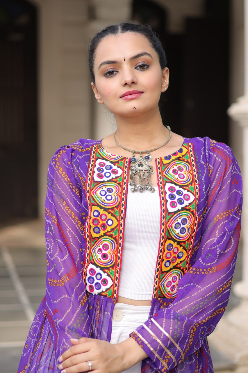Purple Faux Georgette Bandhani Shrug with Kutchi Patchwork ClothsVilla