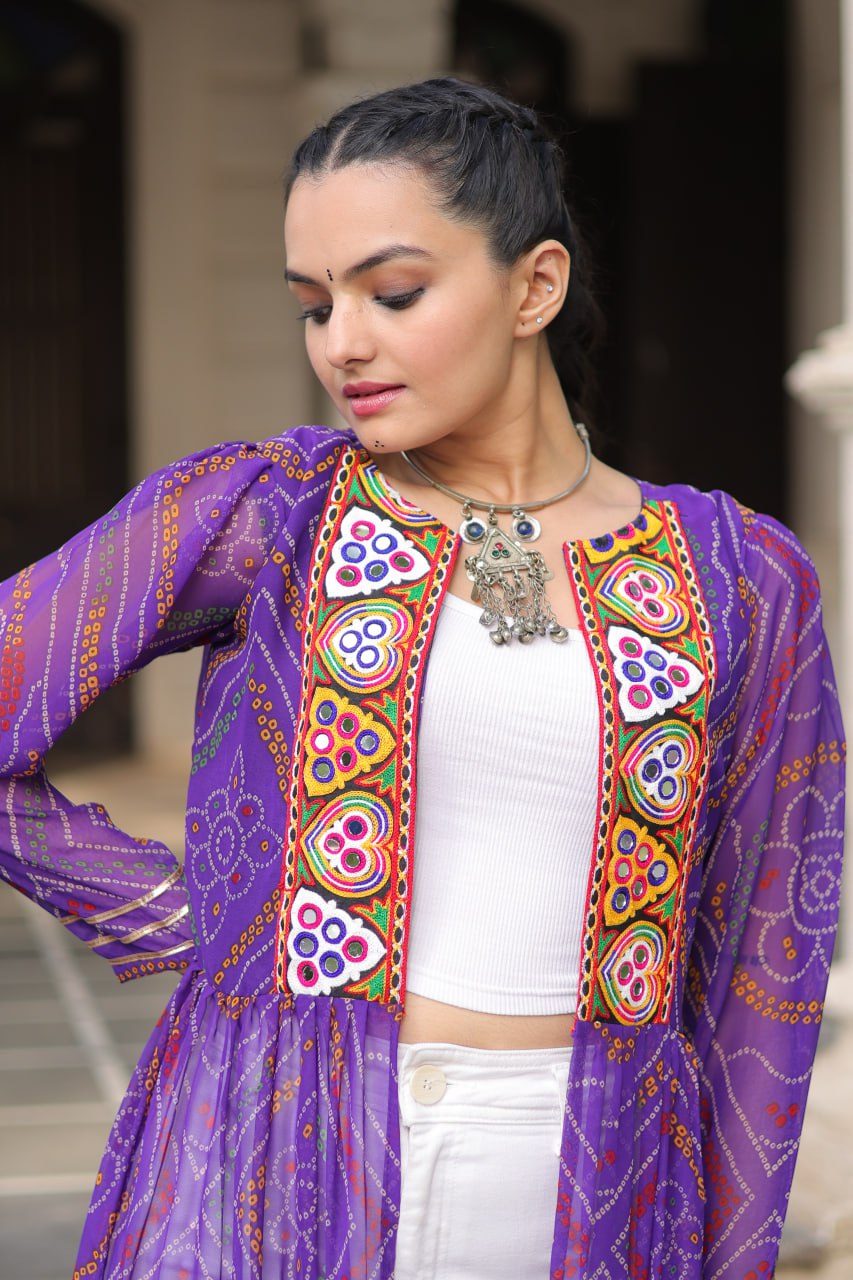 Purple Faux Georgette Bandhani Shrug with Kutchi Patchwork ClothsVilla