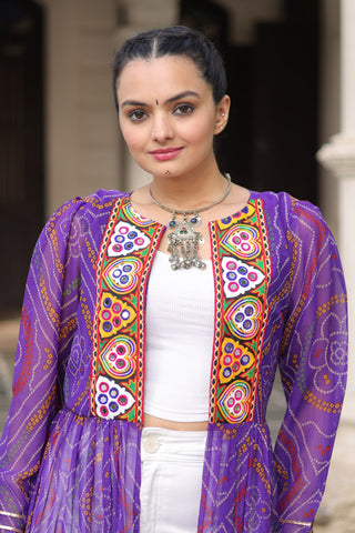 Purple Faux Georgette Bandhani Shrug with Kutchi Patchwork ClothsVilla