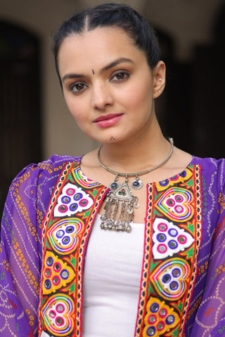 Purple Faux Georgette Bandhani Shrug with Kutchi Patchwork ClothsVilla