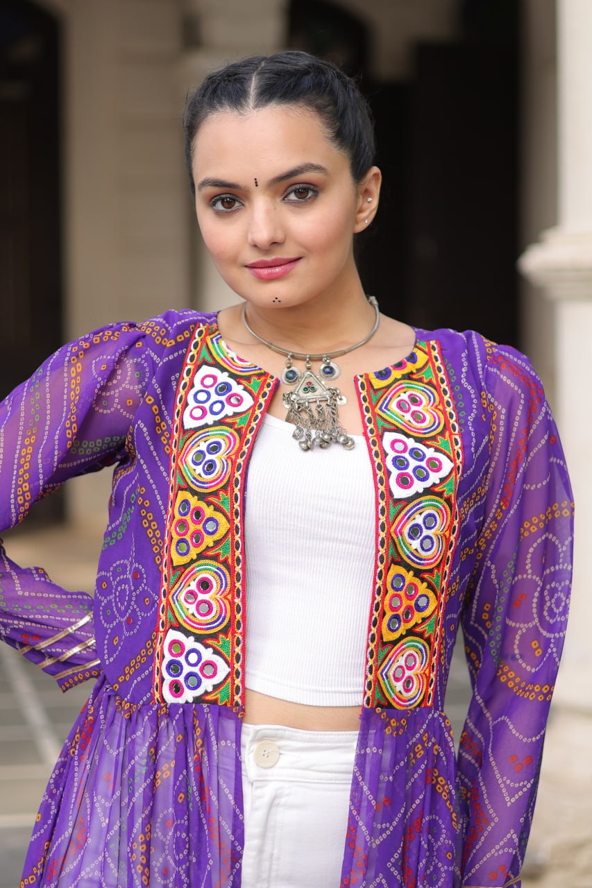 Purple Faux Georgette Bandhani Shrug with Kutchi Patchwork ClothsVilla