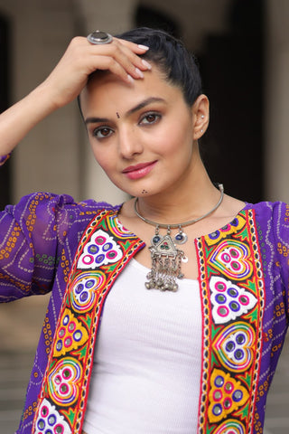 Purple Faux Georgette Bandhani Shrug with Kutchi Patchwork ClothsVilla