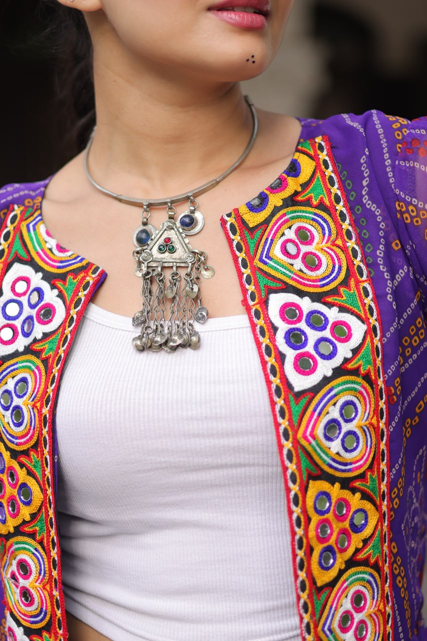 Purple Faux Georgette Bandhani Shrug with Kutchi Patchwork ClothsVilla