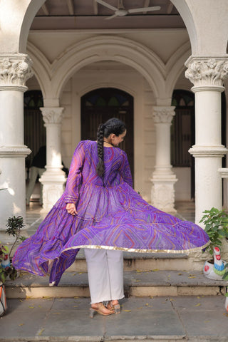Purple Faux Georgette Bandhani Shrug with Kutchi Patchwork ClothsVilla