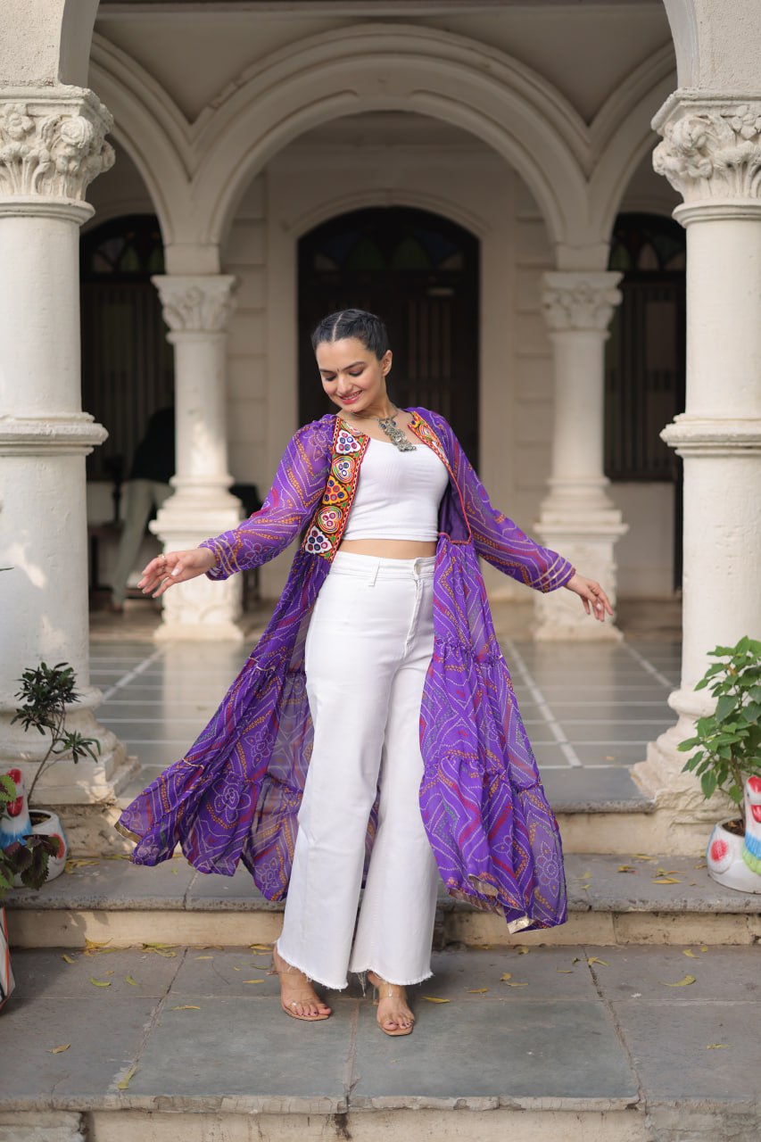 Purple Faux Georgette Bandhani Shrug with Kutchi Patchwork ClothsVilla