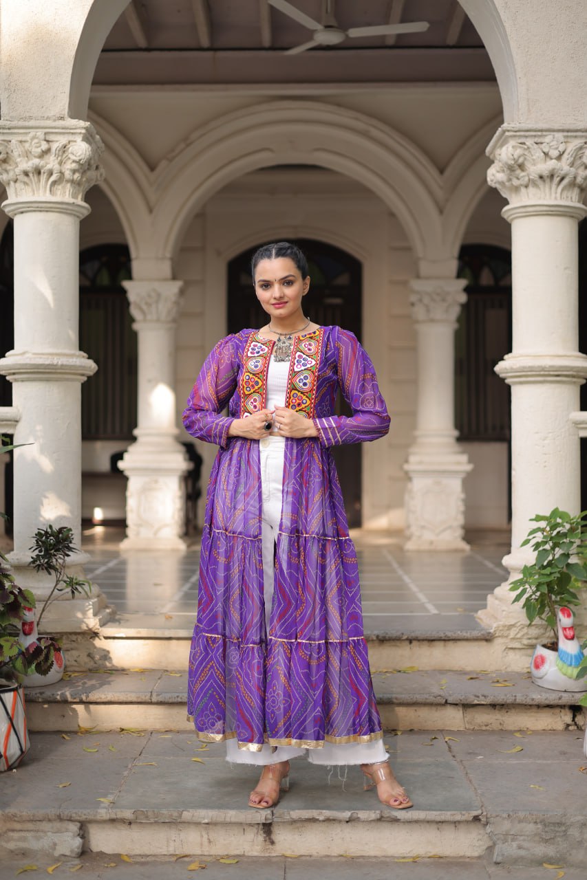 Purple Faux Georgette Bandhani Shrug with Kutchi Patchwork ClothsVilla