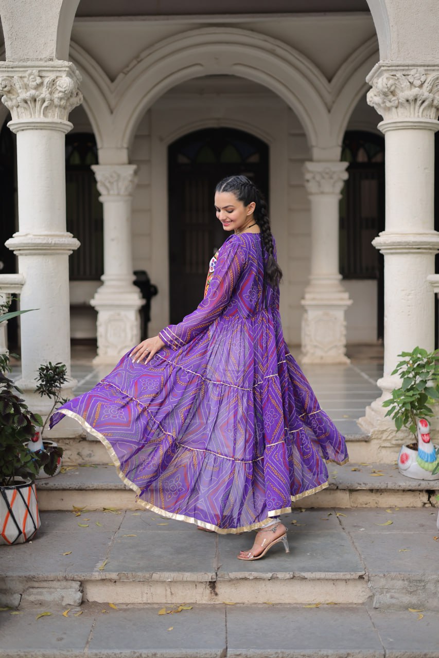Purple Faux Georgette Bandhani Shrug with Kutchi Patchwork ClothsVilla