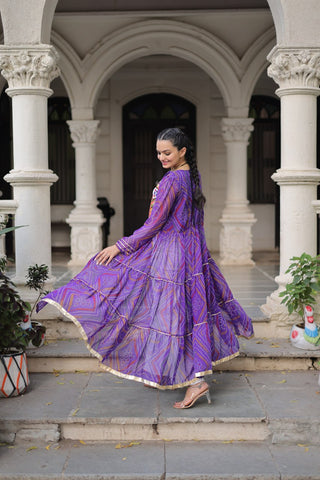 Purple Faux Georgette Bandhani Shrug with Kutchi Patchwork ClothsVilla