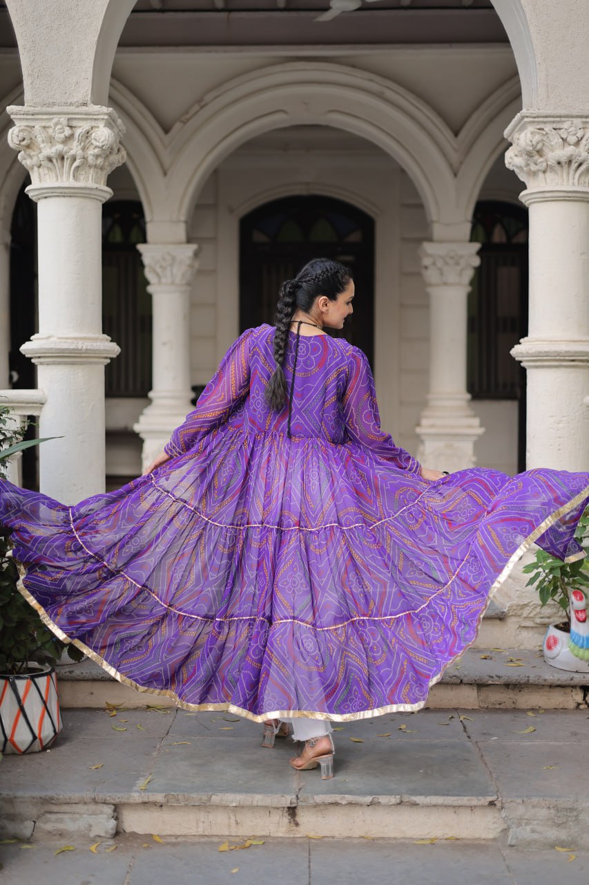 Purple Faux Georgette Bandhani Shrug with Kutchi Patchwork ClothsVilla