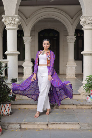 Purple Faux Georgette Bandhani Shrug with Kutchi Patchwork ClothsVilla