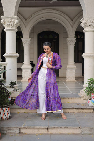 Purple Faux Georgette Bandhani Shrug with Kutchi Patchwork ClothsVilla