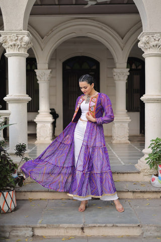 Purple Faux Georgette Bandhani Shrug with Kutchi Patchwork ClothsVilla