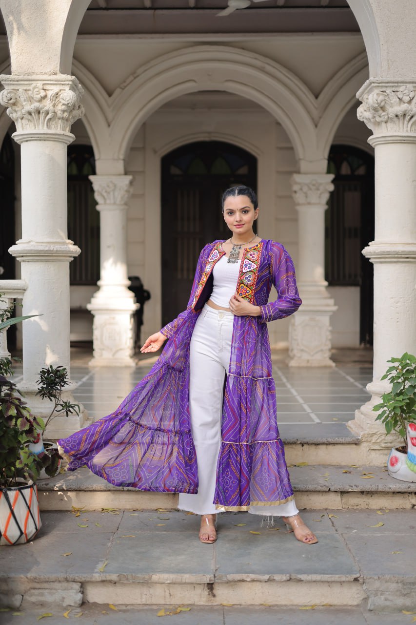 Purple Faux Georgette Bandhani Shrug with Kutchi Patchwork ClothsVilla