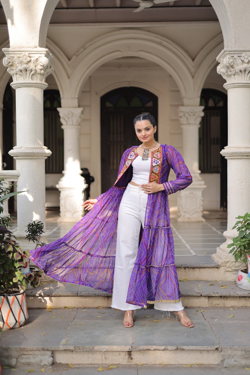 Purple Faux Georgette Bandhani Shrug with Kutchi Patchwork ClothsVilla